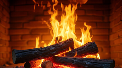 Fireplace with burning wooden logs, glowing embers, and flickering fire flames. Campfire. Warmth and home comfort. 