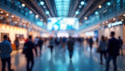 Fototapeta premium Blurred people walking in a large hall. Busy expo event. Many people walk in a hall. Large crowd. Business atmosphere. Interior view. Modern hall design. Lots of booths.