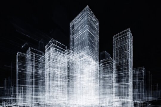 Modern 3d wireframe architectural design model of a cityscape tower with blueprint details