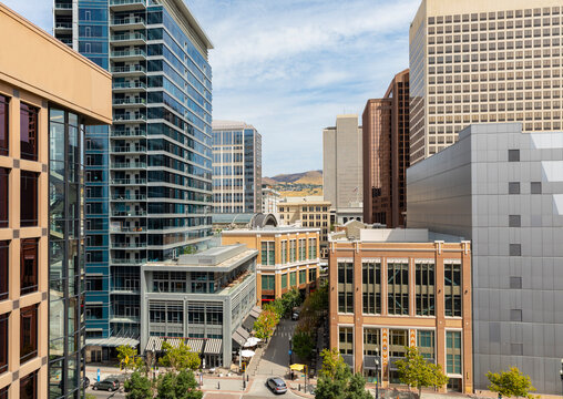 Salt Lake City Utah City downtown skyline street overhead 