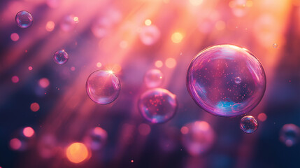 Abstract art depicting soap bubbles floating amidst vibrant beams of colorful light, creating a dynamic and mesmerizing visual composition