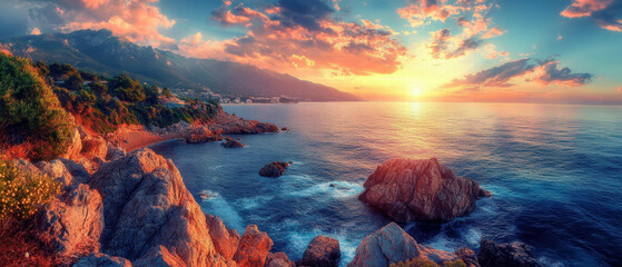 Fiery sunset illuminating rugged coastline with vibrant colors and soft lighting