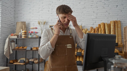 Young man working in a bakery looking stressed while speaking on the phone and standing in front of...