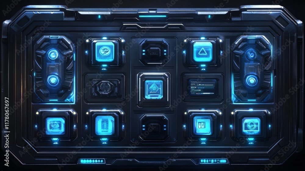 Poster game hud frames in sci fi style for shop and daily reward. vector futuristic design of game gui elem