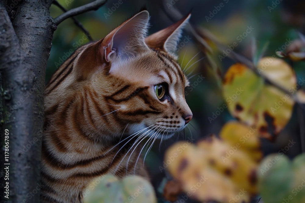 Poster a close-up view of a curious cat perched in a tree