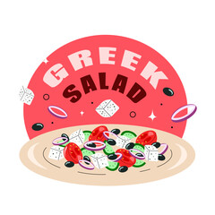 Greek salad with Greek cuisine, dish, food. Vector illustration