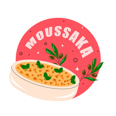 Moussaka casserole with vegetables and minced meat. Greek cuisine, dish, food. Vector illustration