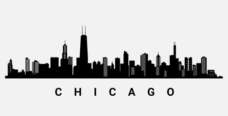 Chicago skyline silhouette background. Minimalist design Chicago skyline black buildings city urban landmark cityscape.