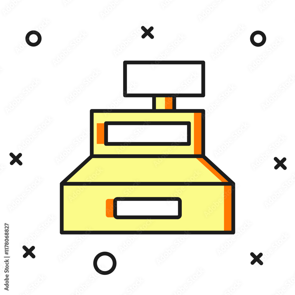 Poster filled outline cash register machine with a check icon isolated on white background. cashier sign. c