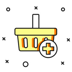 Filled outline Add to Shopping basket icon isolated on white background. Online buying concept. Delivery service. Supermarket basket symbol. Flat filled outline style with shadow. Vector