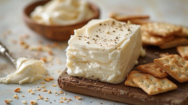 Robiola cheese with crackers, creamy italian cheese, soft cheese appetizer, cheese and crackers snack, close up food photography, gourmet food presentation, delicious dairy product, fresh and creamy t
