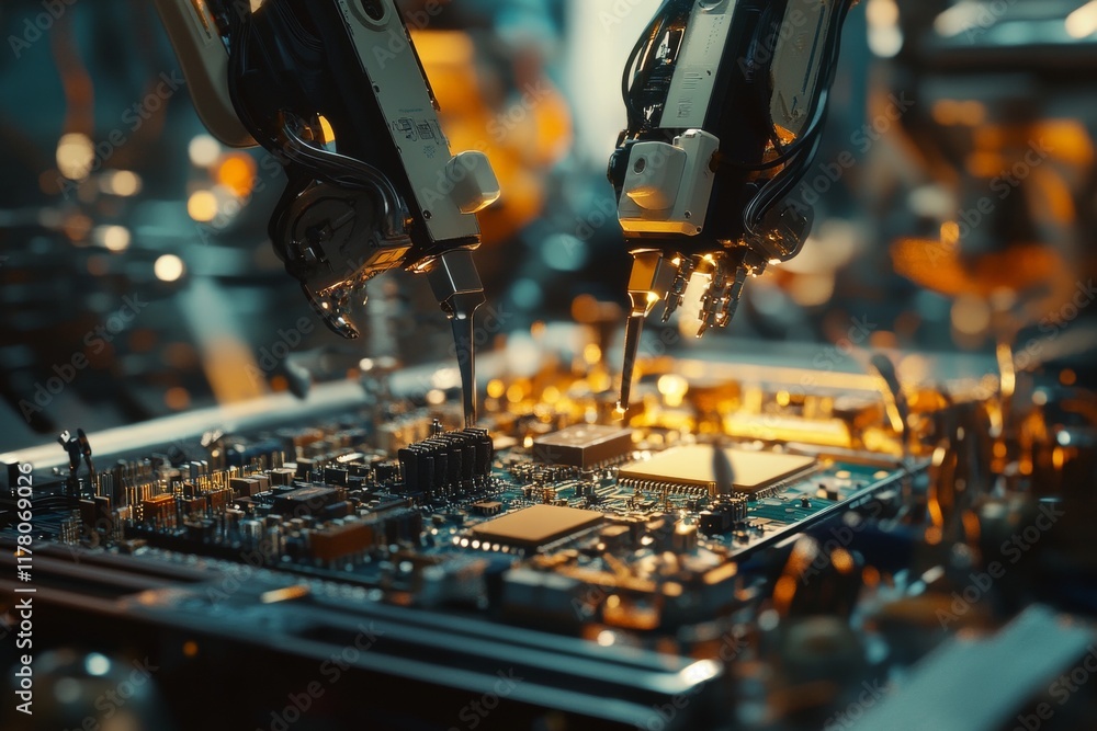 Poster advanced circuit board assembly robotic soldering arms at work in a high tech manufacturing setting