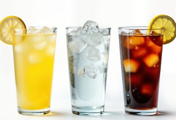 Three glasses of refreshing drinks stand in row against white background. Yellow lemonade, clear water drink on left, right respectively. Middle glass holds ice-cold water. Lemon slices rest atop