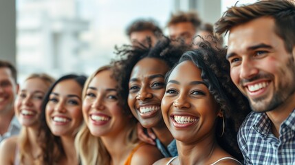 Obraz premium Diverse Group of Friends Smiling Together in a Bright Indoor Setting