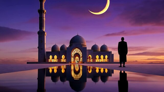 Exploration of Ramadan traditions and night prayers at a mosque under the crescent moon
