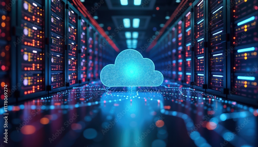 Aufkleber Futuristic server room displays modern digital tech. Cloud tech icon glows in data center. Modern tech equipment. Hybrid cloud network. Serverless architecture. Advanced computer system. Powerful