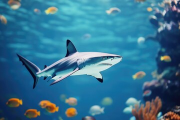 Naklejka premium A great white shark swims through the ocean surrounded by schools of fish