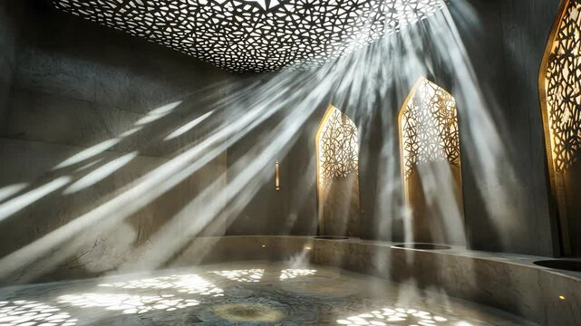 Light beams illuminate intricate patterns in a stunning architectural space in the heart of the city