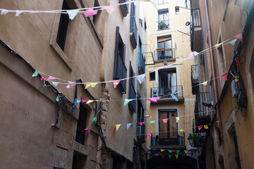 Cozy street view of colourful festive decoration ornament pennant 