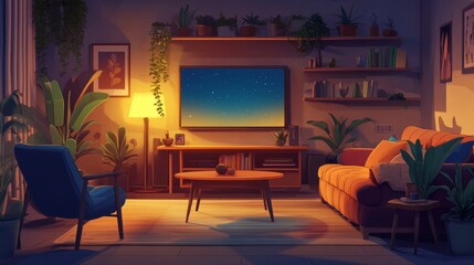 Living room interior in boho style with glowing tv screen at night. Vector cartoon illustration of bohemian lounge with sofa, coffee table, armchair and plants on shelves. Watch movie in dark room