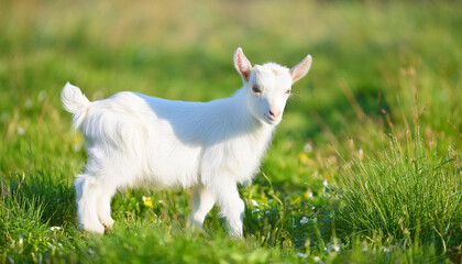 Obraz premium White little goat in sunny green meadow. Farm animal.