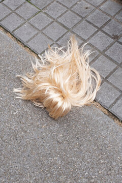Forgotten blonde costume hair wig on a urban modern city environment
