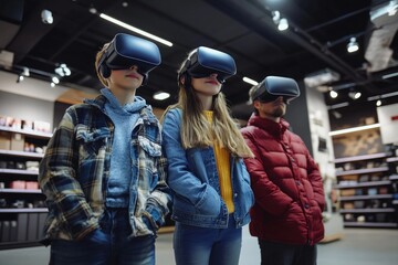 Teenage siblings testing virtual reality headsets in an electronics store
