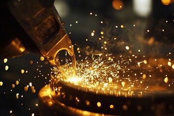 Jeweler delicately soldering a golden ring with precision tools in a workshop