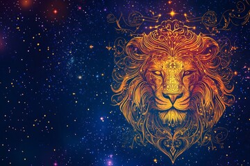 Astrological leo symbol  enigmatic backdrop of stars, alchemy, and mystical fortune telling