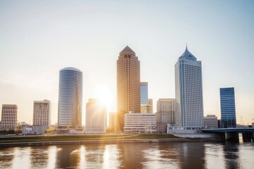 Fototapeta premium Sunset casts soft light over Rochester's skyline along the river in Minnesota during summer