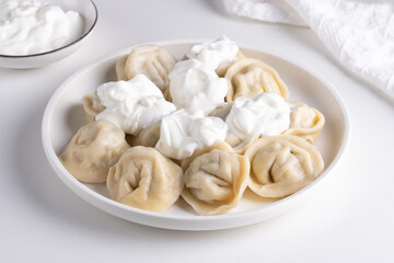 Traditional pelmeni, ravioli, dumplings filled with meat on plate, russian kitchen