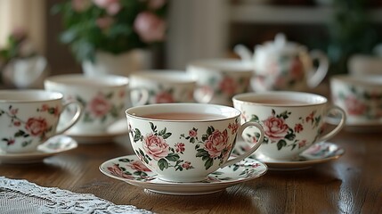Floral teacups and saucers on wooden table. (1)