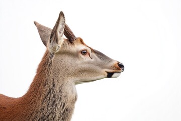 A detailed view of a deer's face against a white background