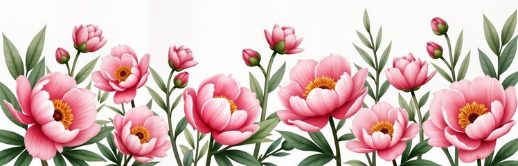 Naklejka premium Beautiful pink peony flowers in watercolor style. Floral illustration set with transparent background. Hand drawn botanical design with green leaves, flower buds. Perfect for cards, invitations,