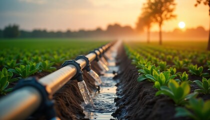 Precision irrigation system waters young green plants in field. Water flows from pipes into small channels. Sunrise lights scene. Modern agricultural tech ensures efficient water usage. Healthy