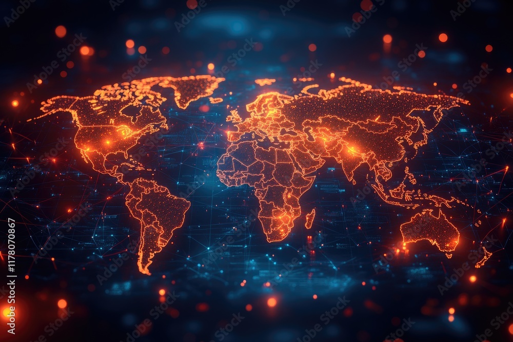 Poster a detailed map of the world displayed on a dark background, ideal for use in presentations and desig