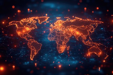 A detailed map of the world displayed on a dark background, ideal for use in presentations and designs where a subtle global focus is required