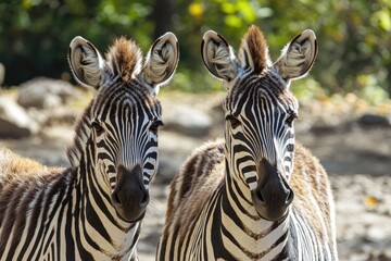 Fototapeta premium Two zebras standing side by side in a natural setting