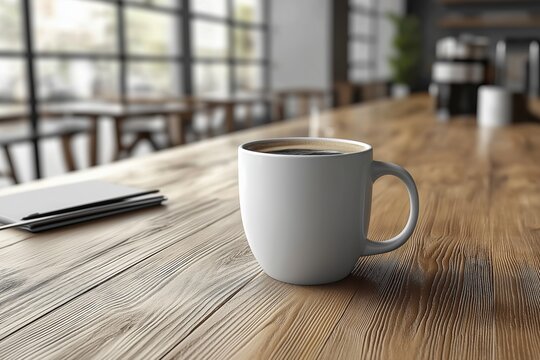 Clean minimalist workspace featuring a sleek laptop and a steaming cup of coffee on a white desk with natural light in a tranquil environment