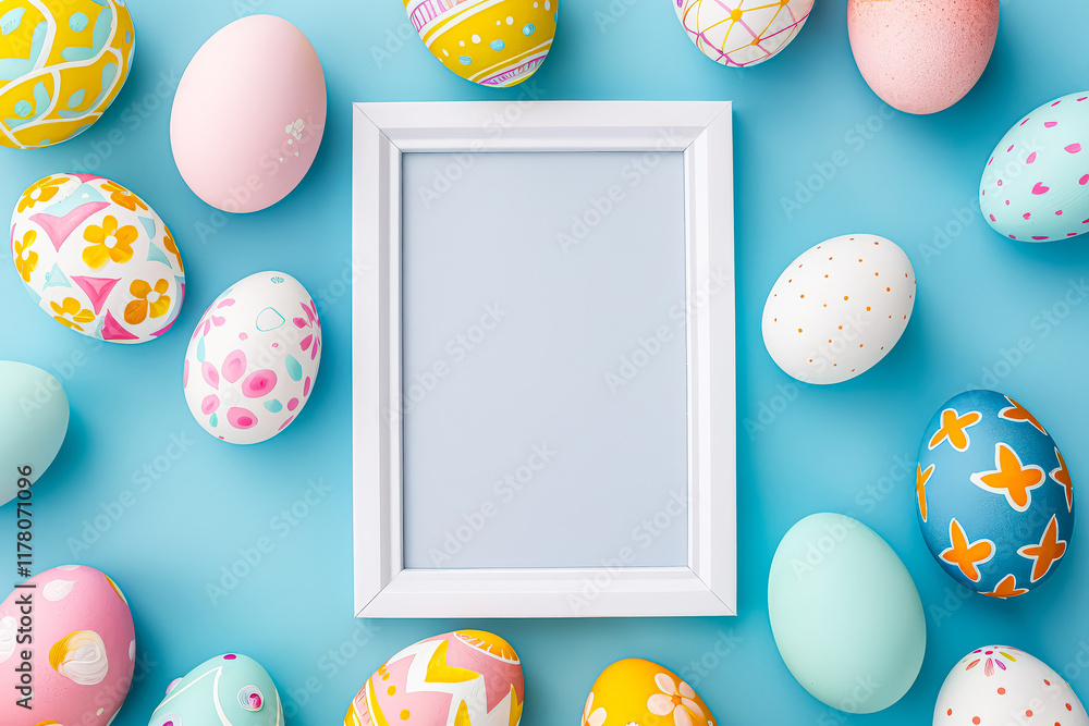 Poster white frame with a white background and a bunch of painted eggs surrounding it.