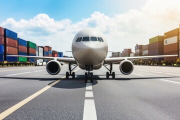 Fototapeta premium Global logistics operations with cargo containers and freight aircraft on the runway