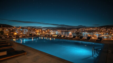Fototapeta premium Rooftop pool at night overlooking a cityscape.
