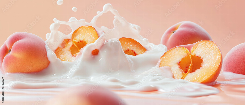 Poster milk splash creates dynamic scene with peach slices on soft peach backdrop