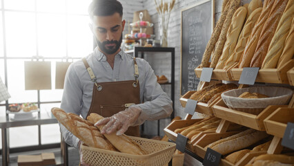 Young man with beard and apron arranging bread in basket in cozy bakery interior