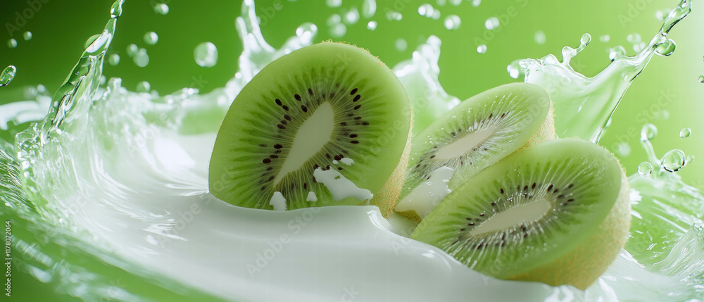 Poster milk splash with kiwi slices on vibrant lime green background creates a dynamic visual experience
