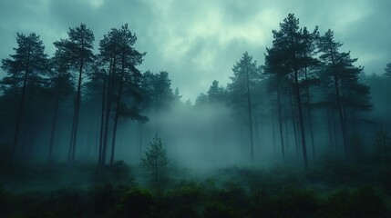 Fototapeta premium Enigmatic Foggy Forest Scene With Tall Trees