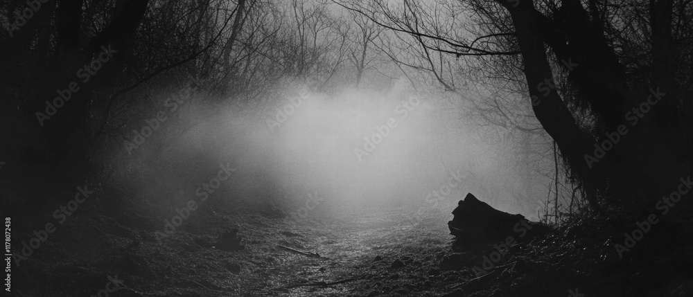 Poster misty forest path inviting exploration among the trees and fog at dawn