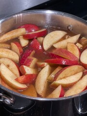 A pot of freshly sliced apples simmering in cinnamon-infused water, capturing the essence of a cozy kitchen aroma, perfect for the fall season.