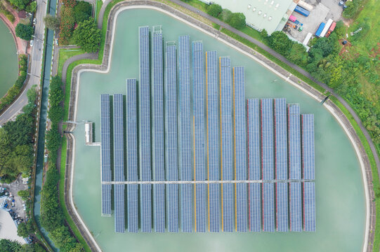 Floating Solar Farm Aerial View Green Energy Plant on Water Surf