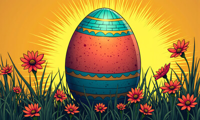 Colorful cartoon style Easter egg surrounded by blooming flowers at sunset